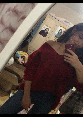 Kırmızı V Yaka Kadın Kazak - Görsel 5