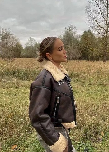 Zara Zara Kürk Detaylı Kahverengi Deri Kadın Ceket