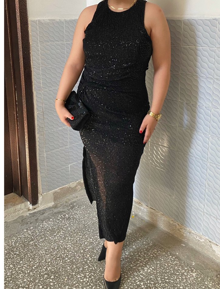 Siyah Parlak Uzun Abiye Elbise - Görsel 2