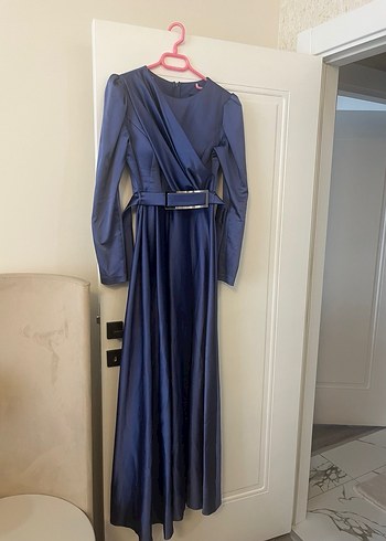 Uzun Lacivert Drapeli Kadın Elbise - Görsel 2