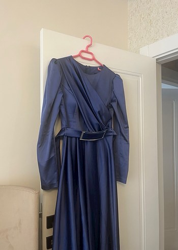 Uzun Lacivert Drapeli Kadın Elbise - Görsel 4