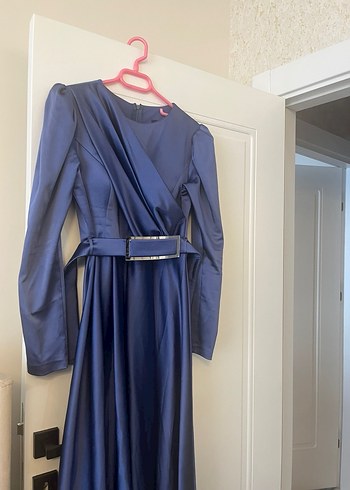 Uzun Lacivert Drapeli Kadın Elbise - Görsel 3