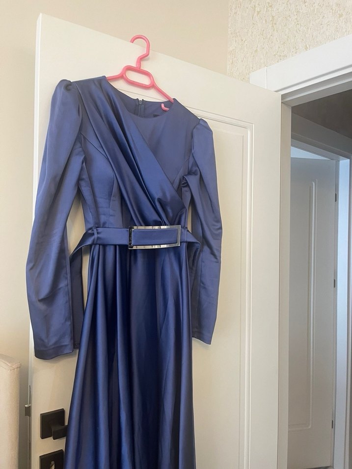Uzun Lacivert Drapeli Kadın Elbise - Görsel 3