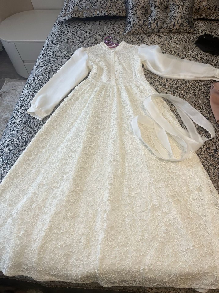 Dantel Detaylı Uzun Kollu Beyaz Nişan Elbisesi Özel dikim - Görsel 3