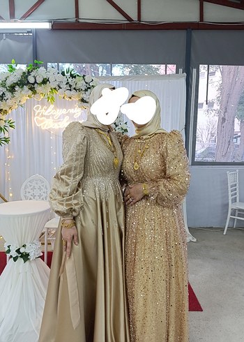 Abiye Uzun Kollu Drapeli Altın Renkli Abiye Elbise