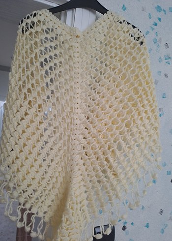 Kadın Bohem Örgü Beyaz Panço - Görsel 2