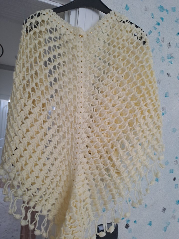 Kadın Bohem Örgü Beyaz Panço - Görsel 2