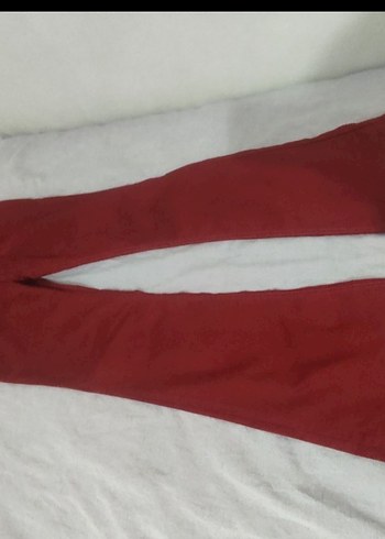 Kırmızı Kadın İspanyol paça pantolon - Görsel 3