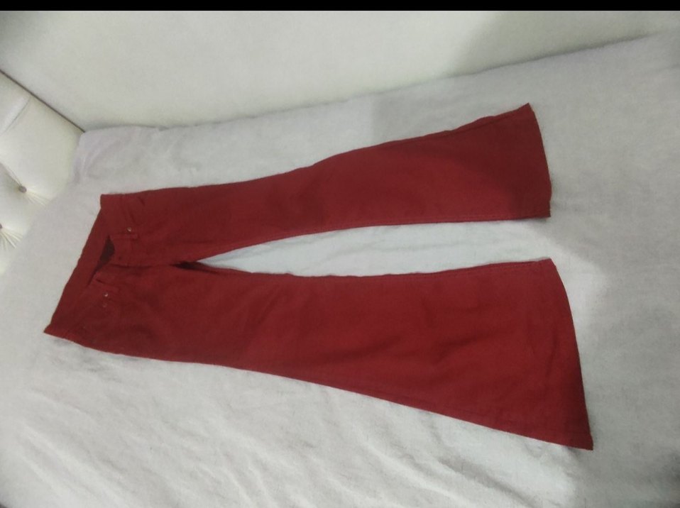 Kırmızı Kadın İspanyol paça pantolon - Görsel 3