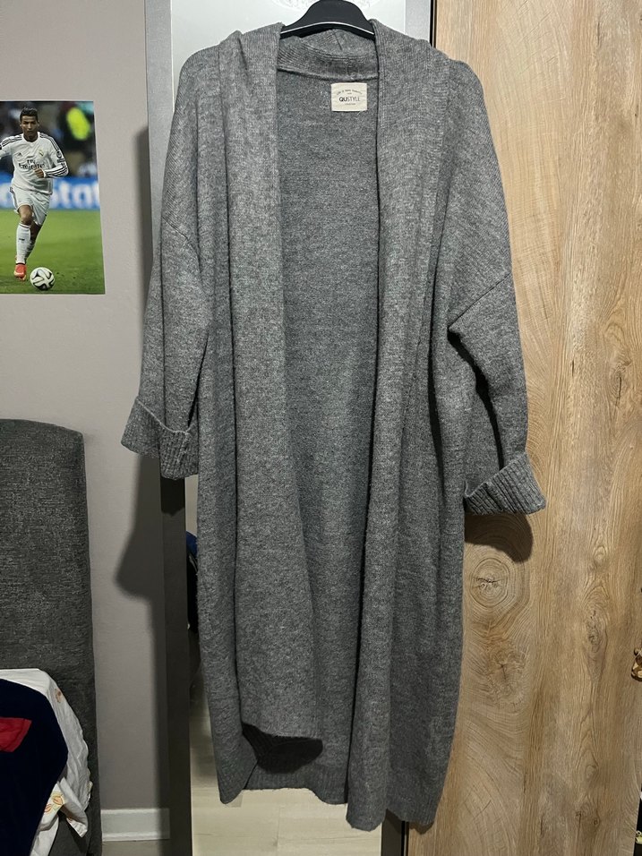 Kadın gri triko Uzun Hırka - Görsel 2