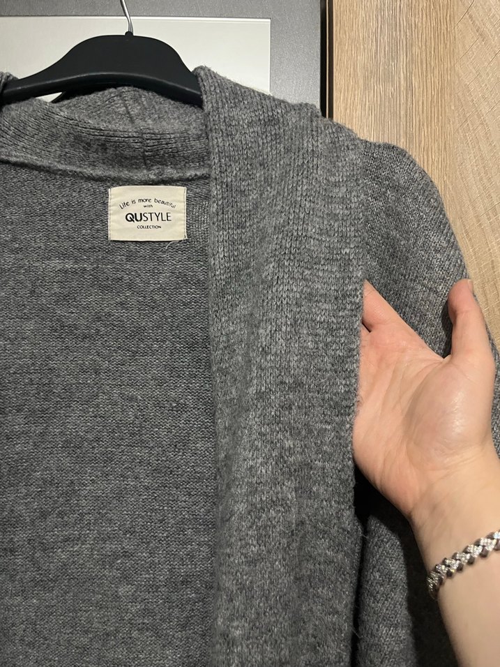 Kadın gri triko Uzun Hırka - Görsel 3