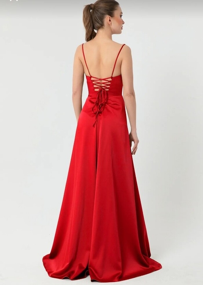 Kırmızı saten kumaş abiye mezuniyet elbisesi - Görsel 3