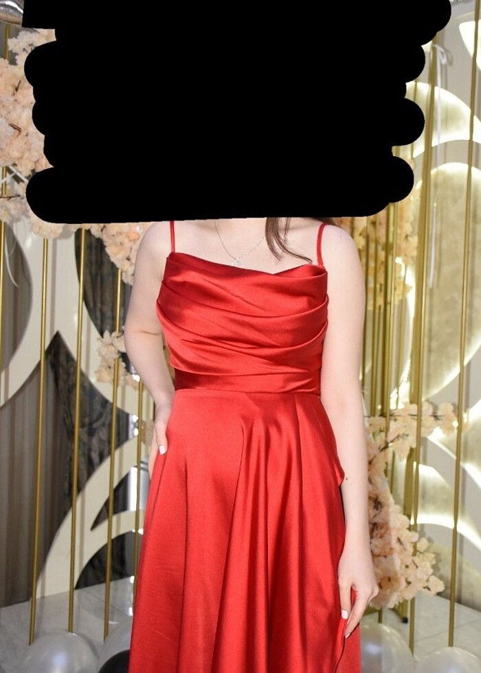 Kırmızı saten kumaş abiye mezuniyet elbisesi - Görsel 4
