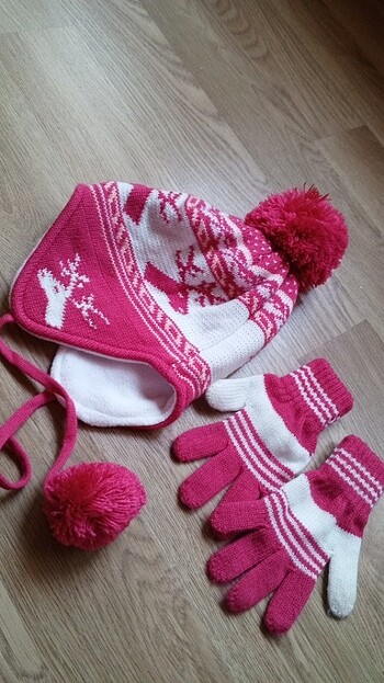 2-3 Yaş, 20 cm Beden pembe Renk Bere eldiven set