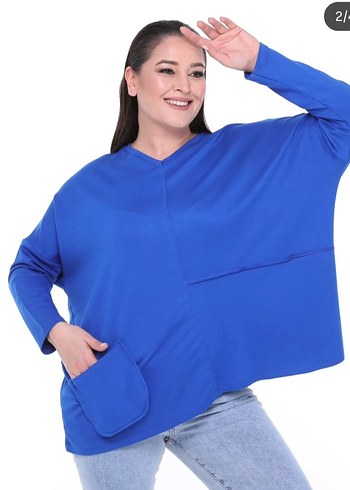 Mavi V Yakalı Salaş Sweatshirt