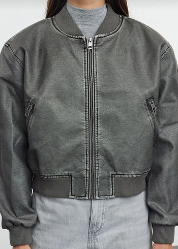 l Beden Gri Kadın Denim Ceket Midi Boy Rahat Kesim