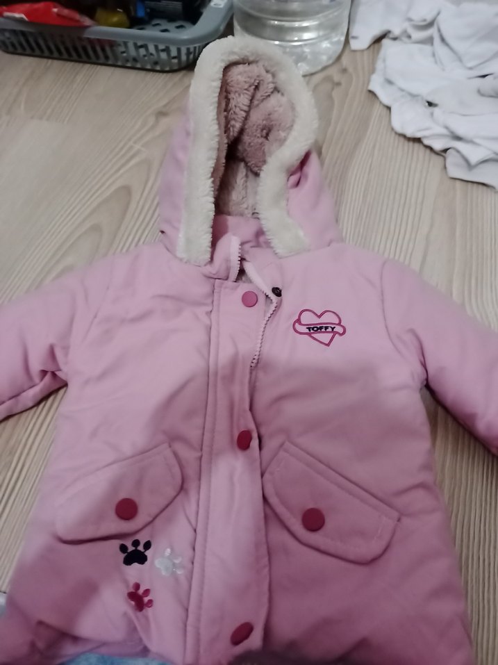 Kürklü Kapüşonlu Pembe Kız Çocuk Mont - Görsel 3