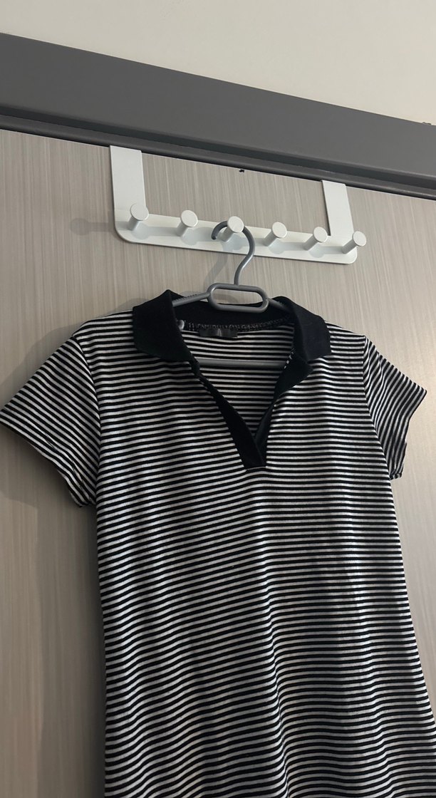 Gri Çizgili V Yaka Kısa Kollu Midi Elbise - Görsel 3