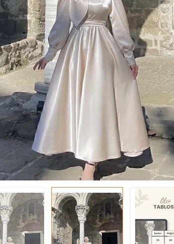 36 Beden Beyaz Saten Uzun Elbise, Kayık Yaka, Drapeli