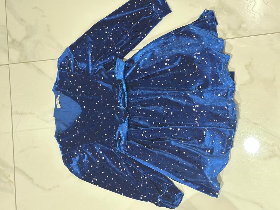 Parlak kadiye uzun kol Mavi Kız Çocuk Fırfırlı Elbise - Görsel 3