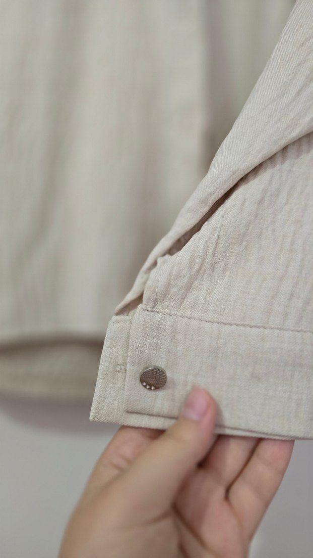 Bej Düğmeli Bohem Uzun Kollu Keten Gömlek - Görsel 3