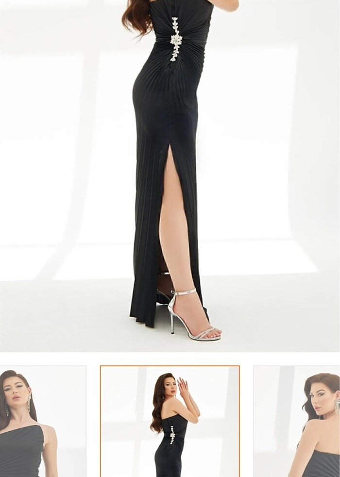 Carmen Siyah plisoley yanı taşlı yırtmaçlı uzun abiye elbise - Görsel 2