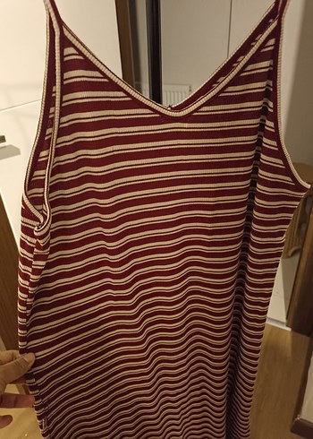 V Yaka Çizgili Uzun Rahat Elbise - Görsel 2