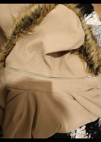 Kürk Detaylı Bej Kadın Uzun Kaban kaşe - Görsel 3