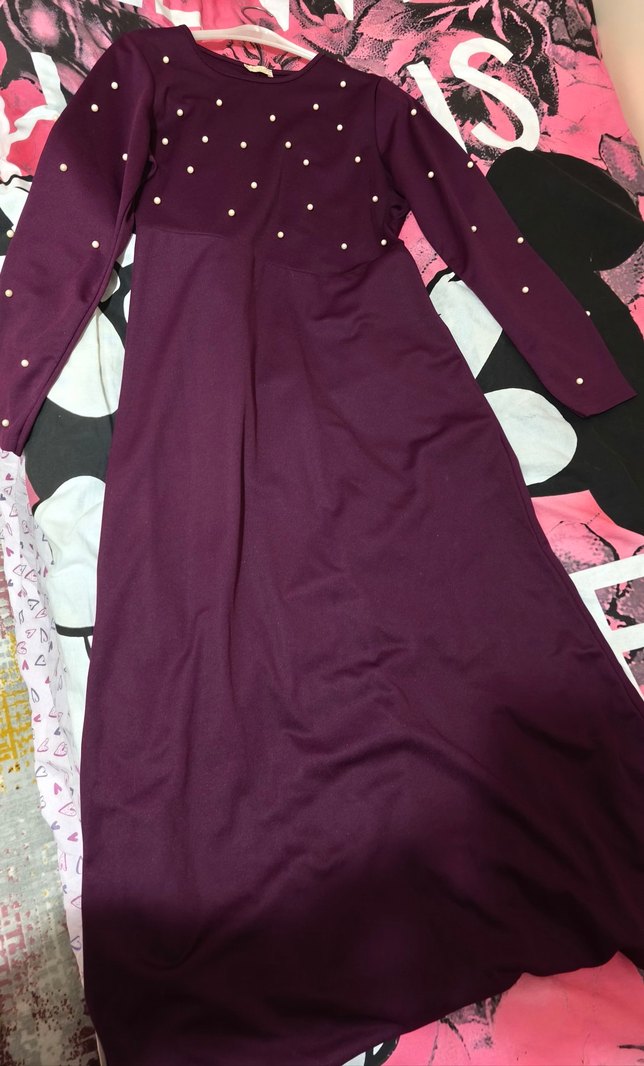 İnci Boncuk Detaylı Mor Uzun Elbise - Görsel 3