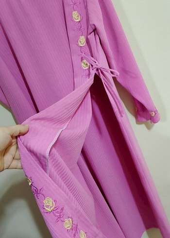 vintage çiçek nakışlı  Uzun Pembe  Kadın Elbise - Görsel 4