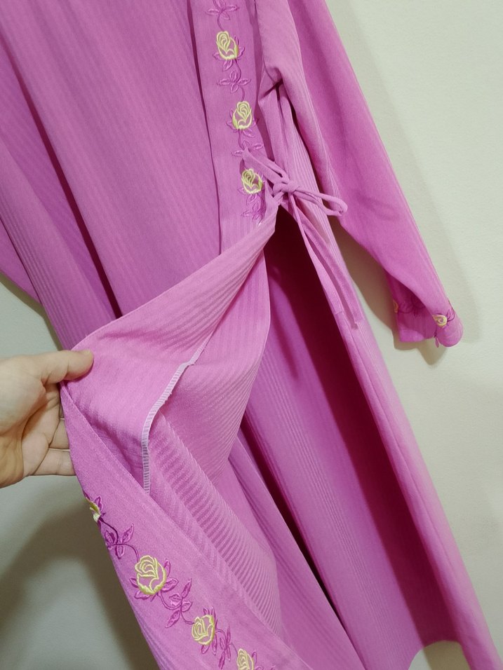 vintage çiçek nakışlı  Uzun Pembe  Kadın Elbise - Görsel 4