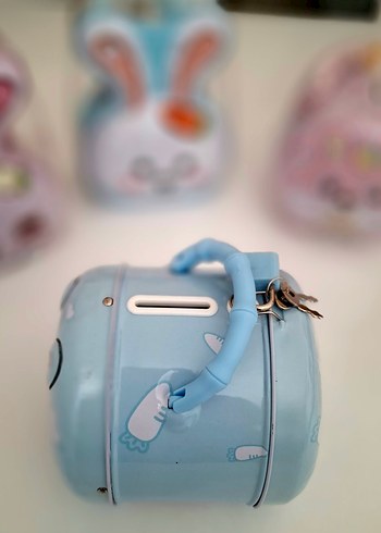 Mavi Kulplu Tavşan Kumbara. Çocuk Ve Yetişkin. Kilitli Kumbara - Görsel 5