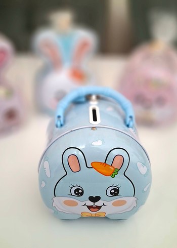 Mavi Kulplu Tavşan Kumbara. Çocuk Ve Yetişkin. Kilitli Kumbara - Görsel 4