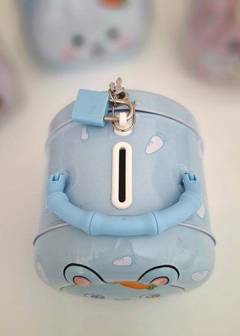 Mavi Kulplu Tavşan Kumbara. Çocuk Ve Yetişkin. Kilitli Kumbara - Görsel 6