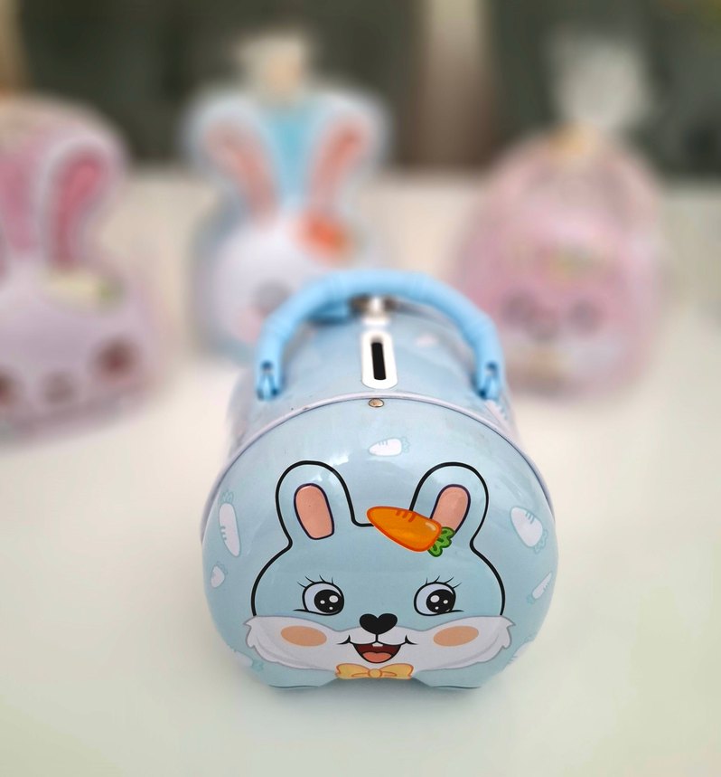 Mavi Kulplu Tavşan Kumbara. Çocuk Ve Yetişkin. Kilitli Kumbara - Görsel 4