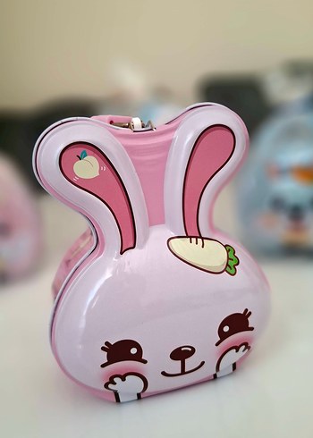 Pembe Tavşan Desenli Kilitli Kumbara. Çocuk Ve Yetişkin İçin. - Görsel 2