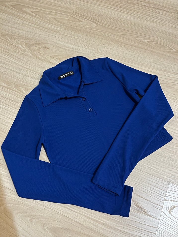 Uzun Kollu Mavi Polo Tişört - Görsel 2