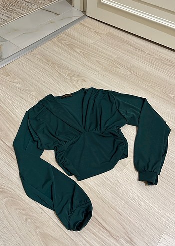 Kadın V Yaka Drapeli Uzun Kollu Bluz - Görsel 2