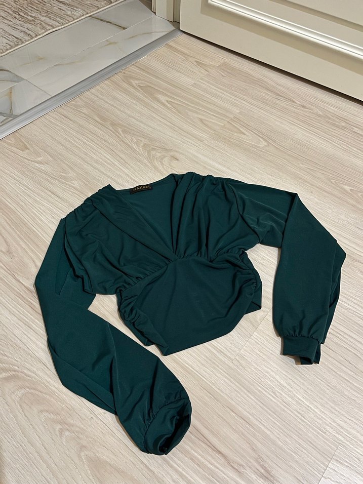 Kadın V Yaka Drapeli Uzun Kollu Bluz - Görsel 2