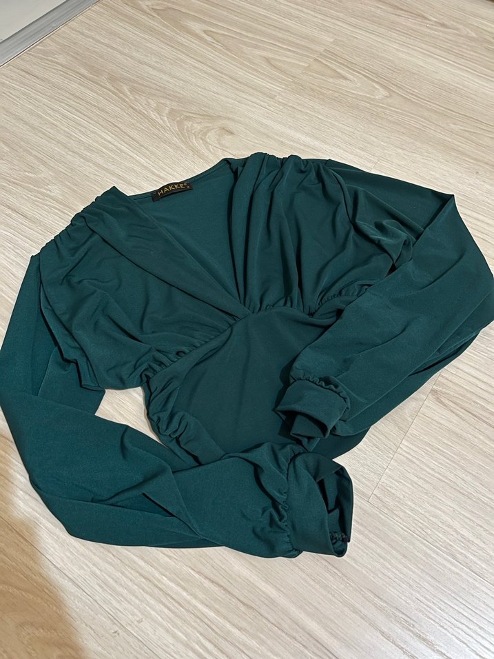 Kadın V Yaka Drapeli Uzun Kollu Bluz - Görsel 4