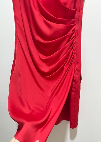 Saten Kırmızı Straplez Mini gece Elbisesi - Görsel 2