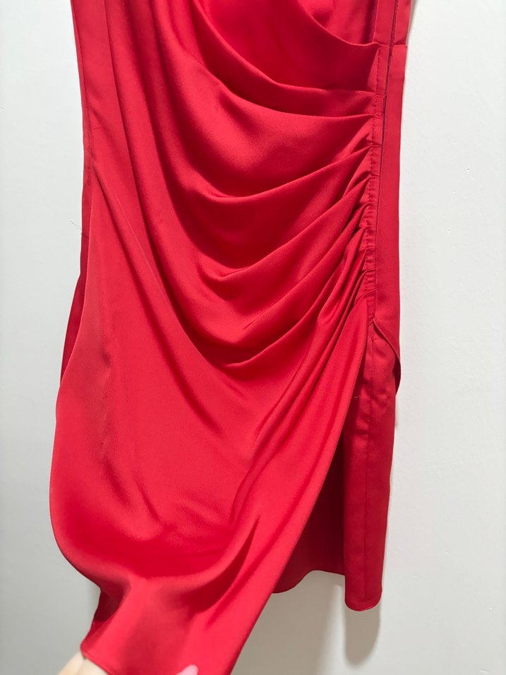 Saten Kırmızı Straplez Mini gece Elbisesi - Görsel 2