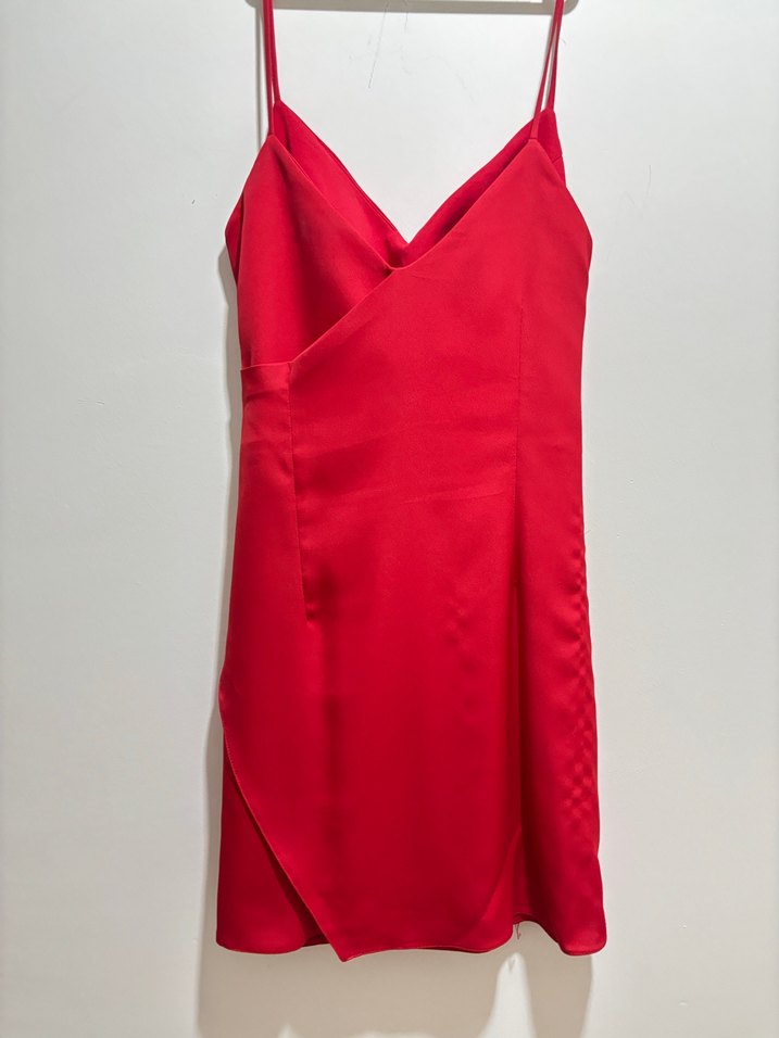 Saten Kırmızı Straplez Mini gece Elbisesi - Görsel 4