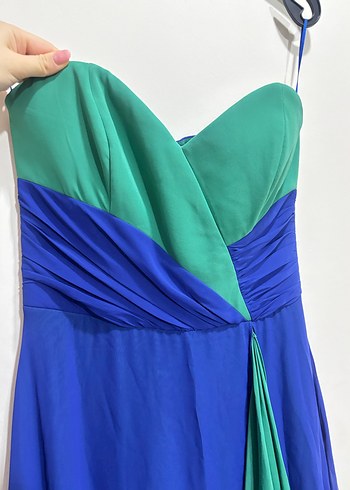 Straplez Uzun Mavi Yeşil Abiye Elbise - Görsel 2