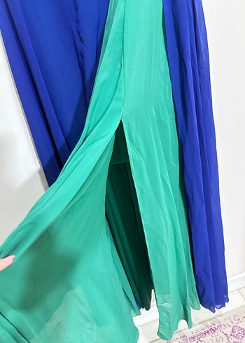 Straplez Uzun Mavi Yeşil Abiye Elbise - Görsel 3