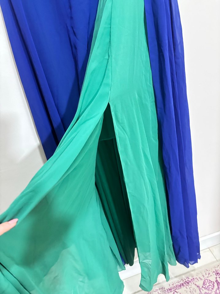 Straplez Uzun Mavi Yeşil Abiye Elbise - Görsel 3