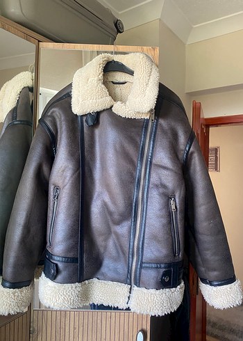 Kahverengi Kürklü Deri Biker Ceket
