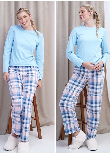 Mavi Uzun Kollu Rahat Kadın Pijama Takımı - Görsel 2