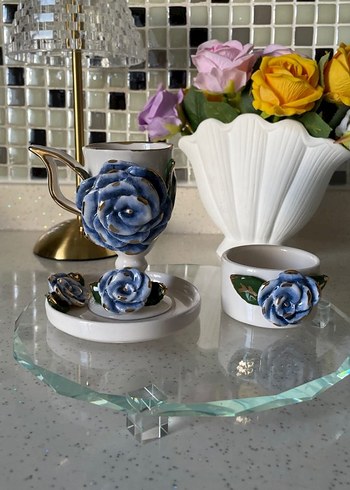 Pastel Mavi Çiçekli Seramik Set