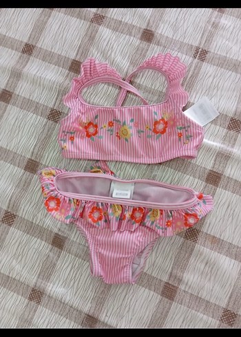 Nakışlı Pembe İp Askılı Kız Bikini